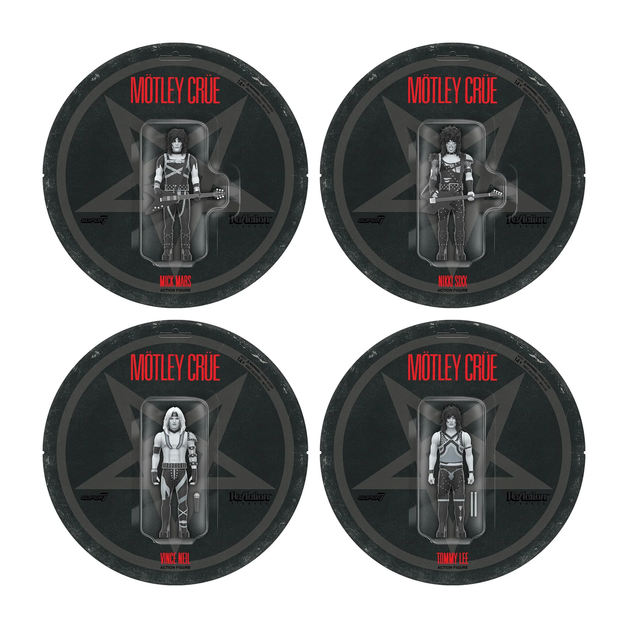 Motley Crue ReAction Figures Wave 02 - Vince Neil, Tommy Lee, Nikki Sixx, & Mick Mars (Shout At The Devil - Black & White)