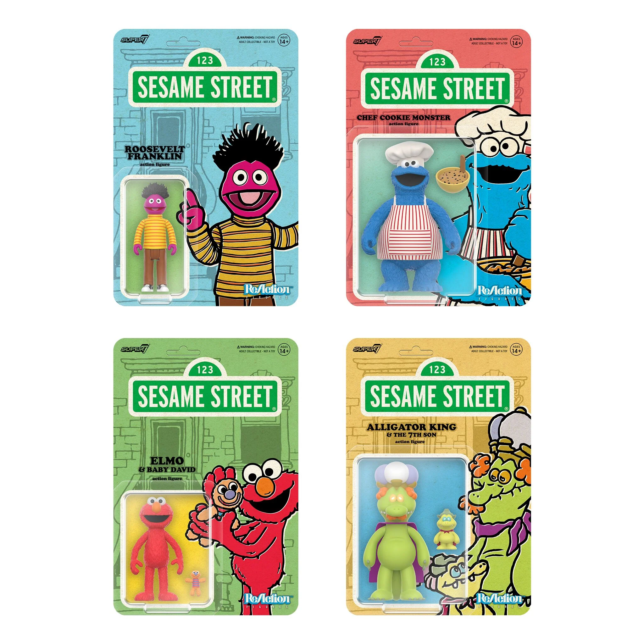 Sesame Street ReAction Figures Wave 04 - Chef Cookie Monster, Elmo, Alligator King, & Roosevelt Franklin