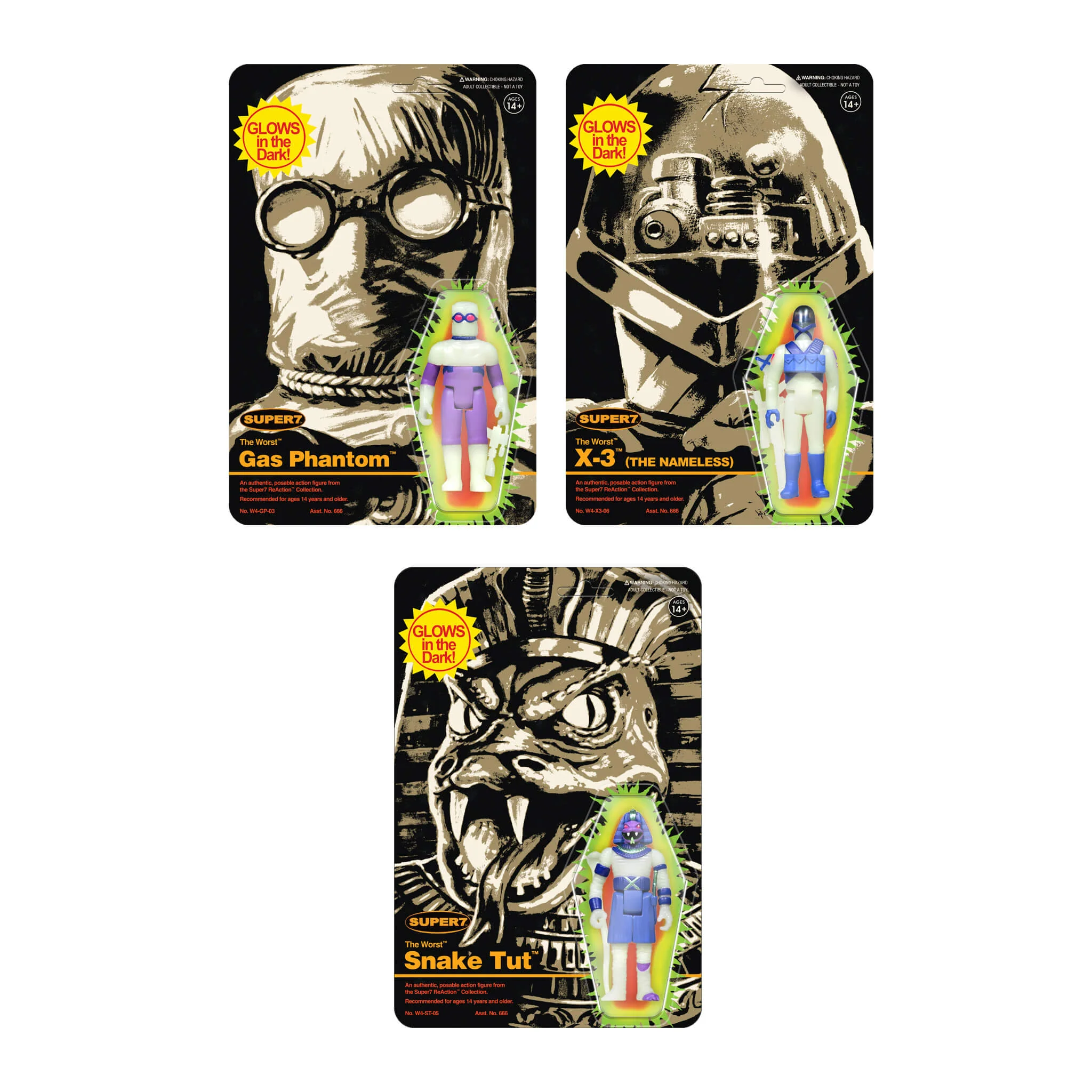 The Worst ReAction Figures - Snake Tut, X-3 & Gas Phantom (Monster Glow)